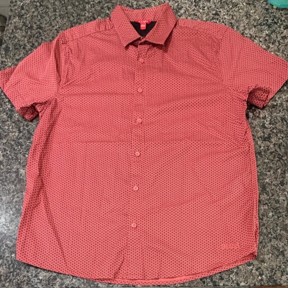 Guess Los Angeles Mens Red Geometric Floral Print Short Sleeve Button Down L